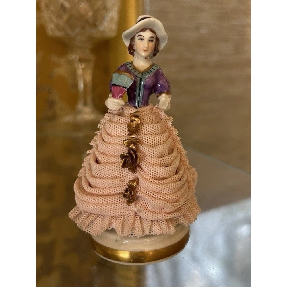 Dresden Lace Figurine Carl Thieme Volkstedt Germany Pink Dress Hand Painted 3.5